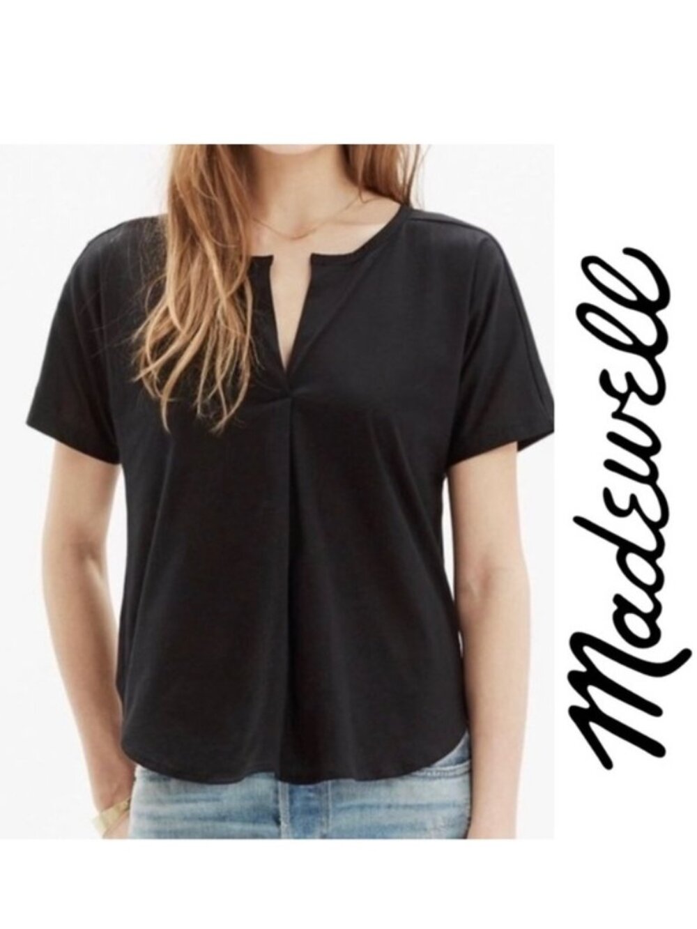 Madewell | Black Luster Cotton Splitneck Tee | Size Small